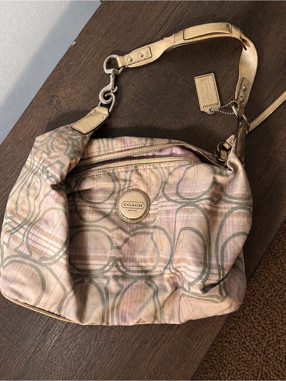 Coach Pink and Gold Signature Hobo Bag